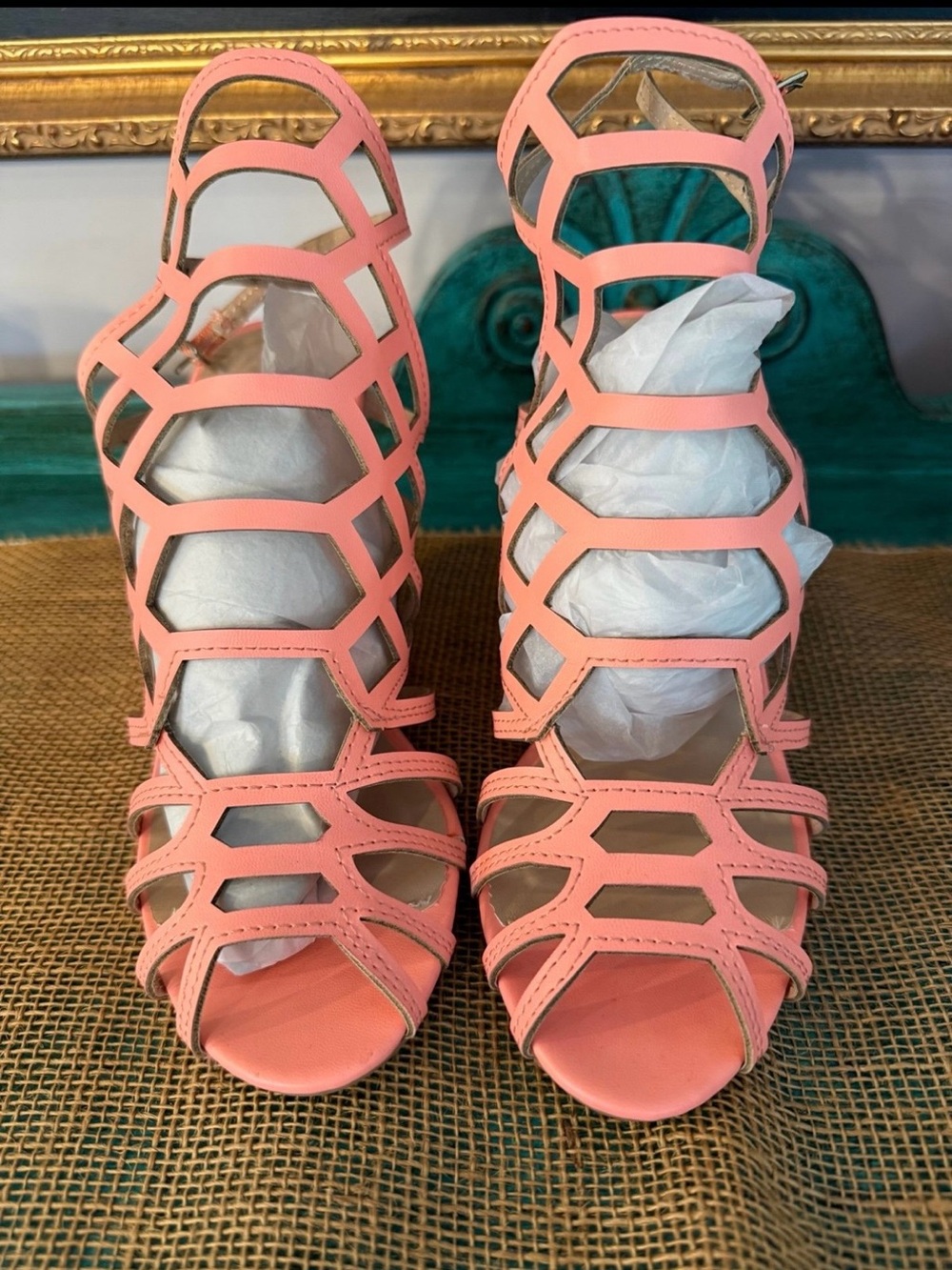 Women's Neon Coral  Unique High-Heel Gladiator Sandals NIB